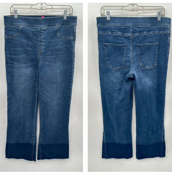 SPANX XL crop dipped stretch pull-on flare woman raw hem cute high-rise denim - Picture 2 of 11